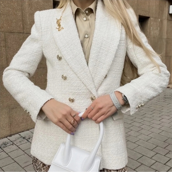 ZARA Tweed Textured Double Breasted Blazer gold buttons size S - Picture 8 of 16